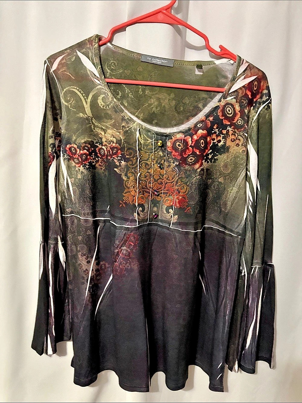 ny collection Floral Long Sleeve Blouse Black Green 1X